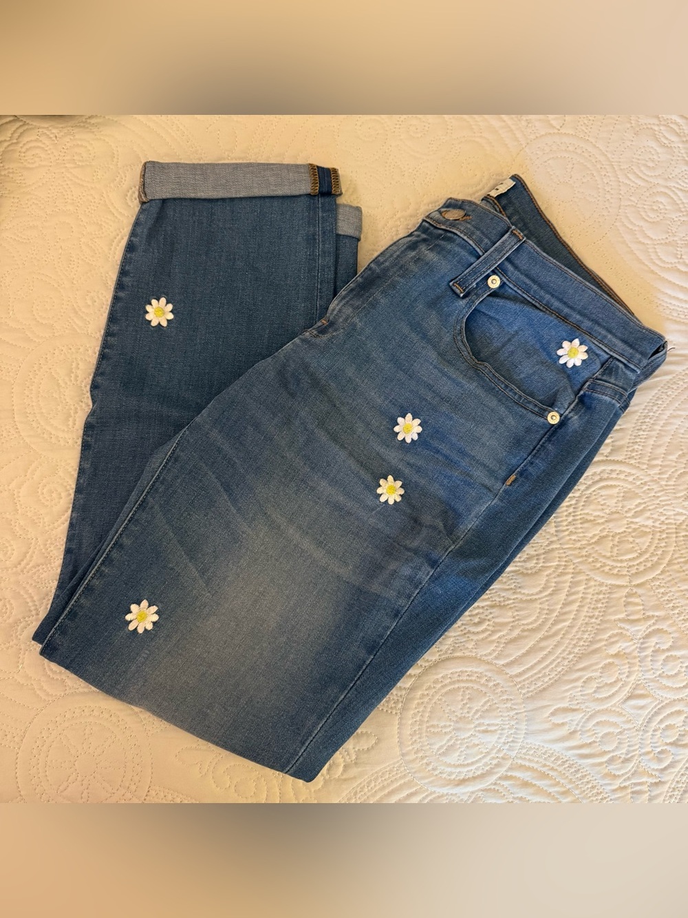 J.Crew Slim Broken In Boyfriend Jeans with Embroidered Daisies 28